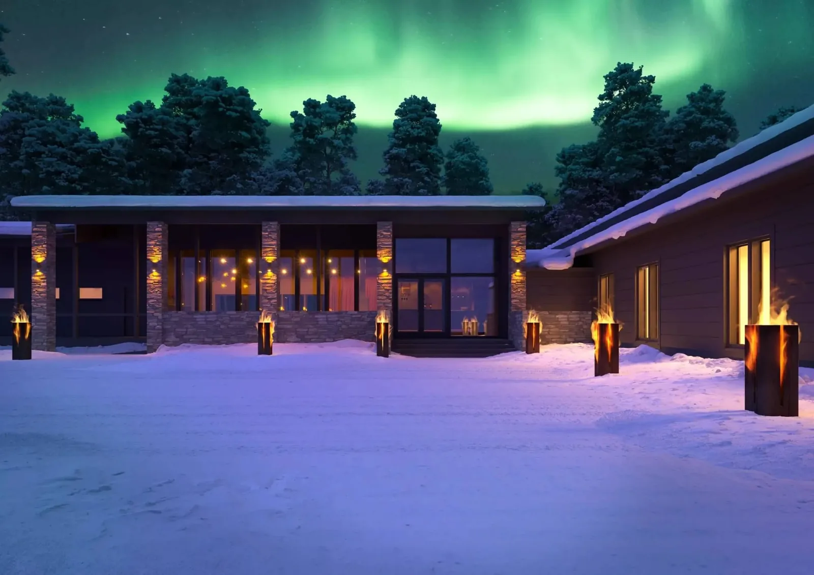 Kuura exterior in winter beneath the northern lights