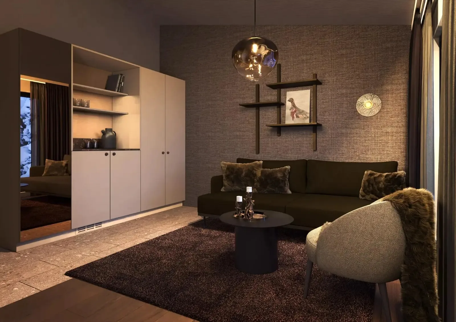 Rakka sitting room at Kuura with dark seating and warm light