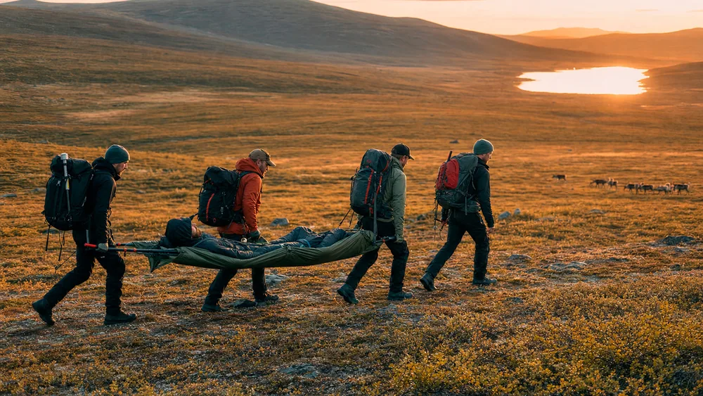 A training team carrying a casualty on a stretcher across open tundra