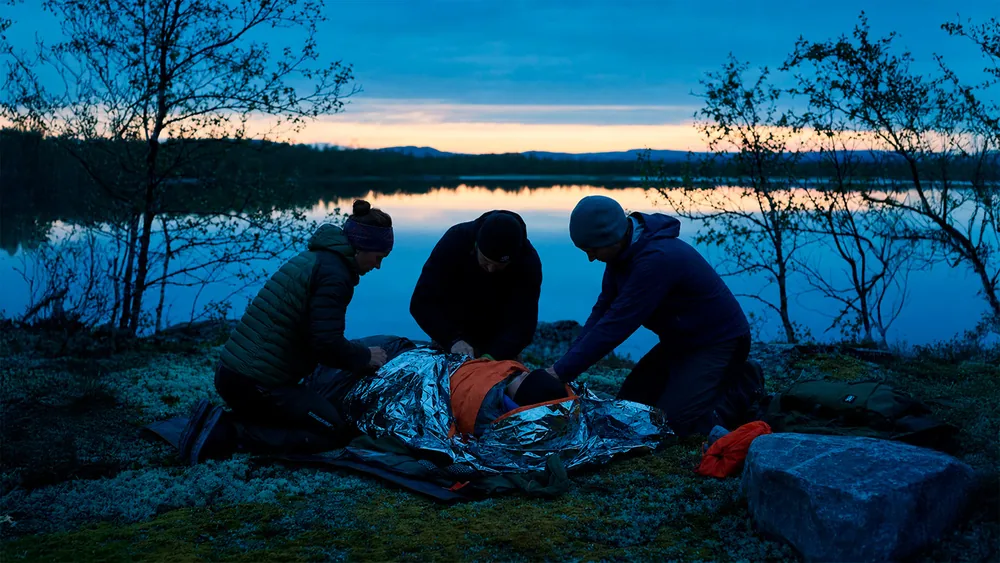 A training team giving casualty care beside a lake at blue hour