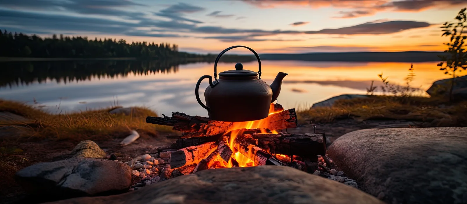 A black kettle over a small fire beside a still lake at sunset